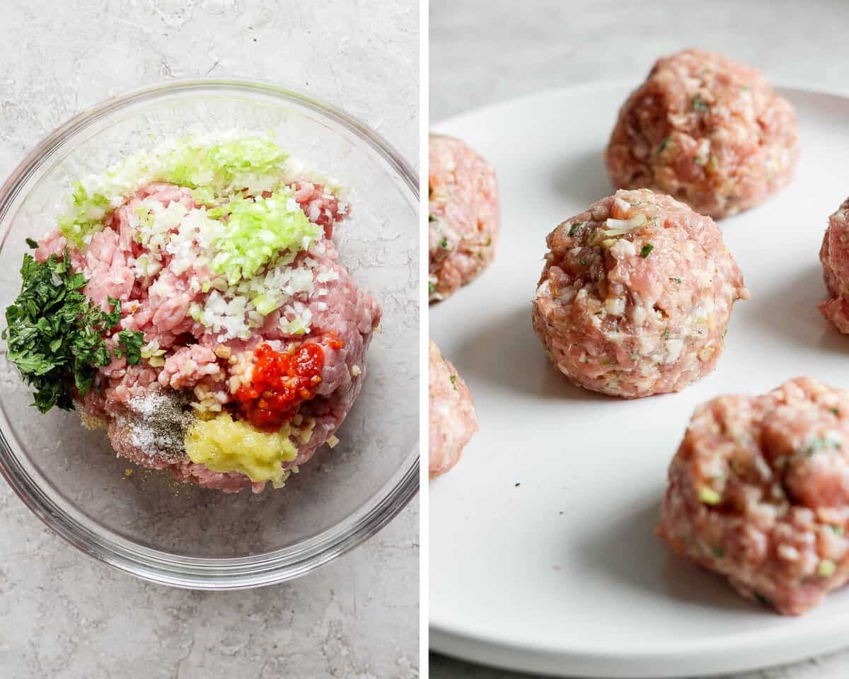 Two images showing the pork mixture unmixed in a bowl and rolled into balls on a plate.