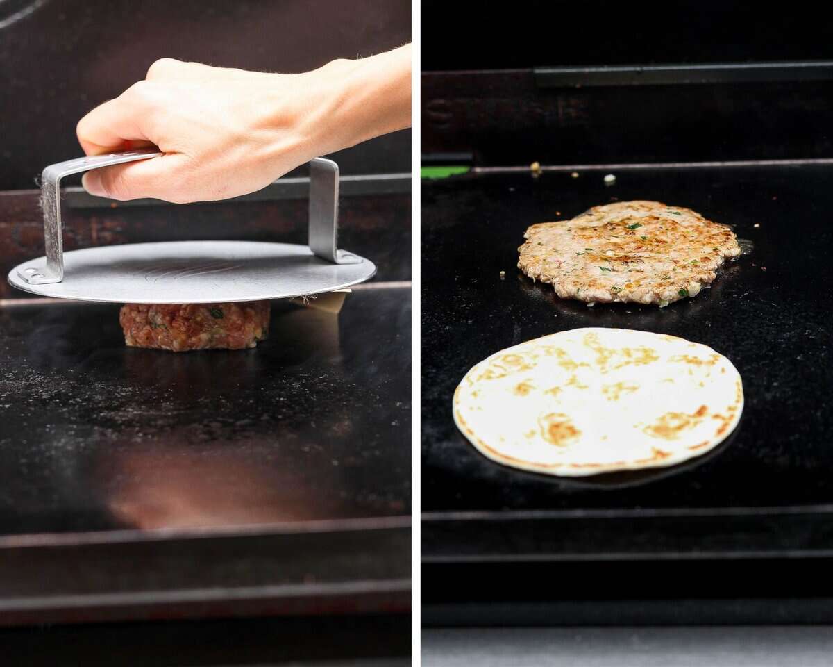 Two images showing a pork patty being smashed on a griddle and next to a tortilla on the Blackstone.
