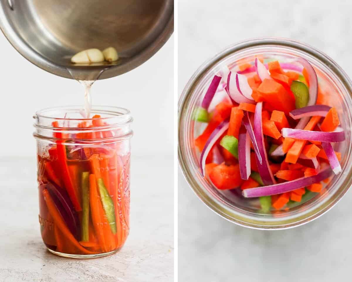 Two images showing the pickling liquid being added to the jar of veggies and a top shot of the pickled vegetables.