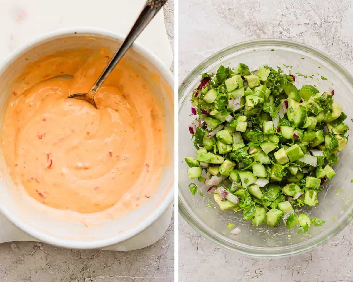 Bang bang sauce mixed in a bowl. Avocado salsa mixed in a bowl.