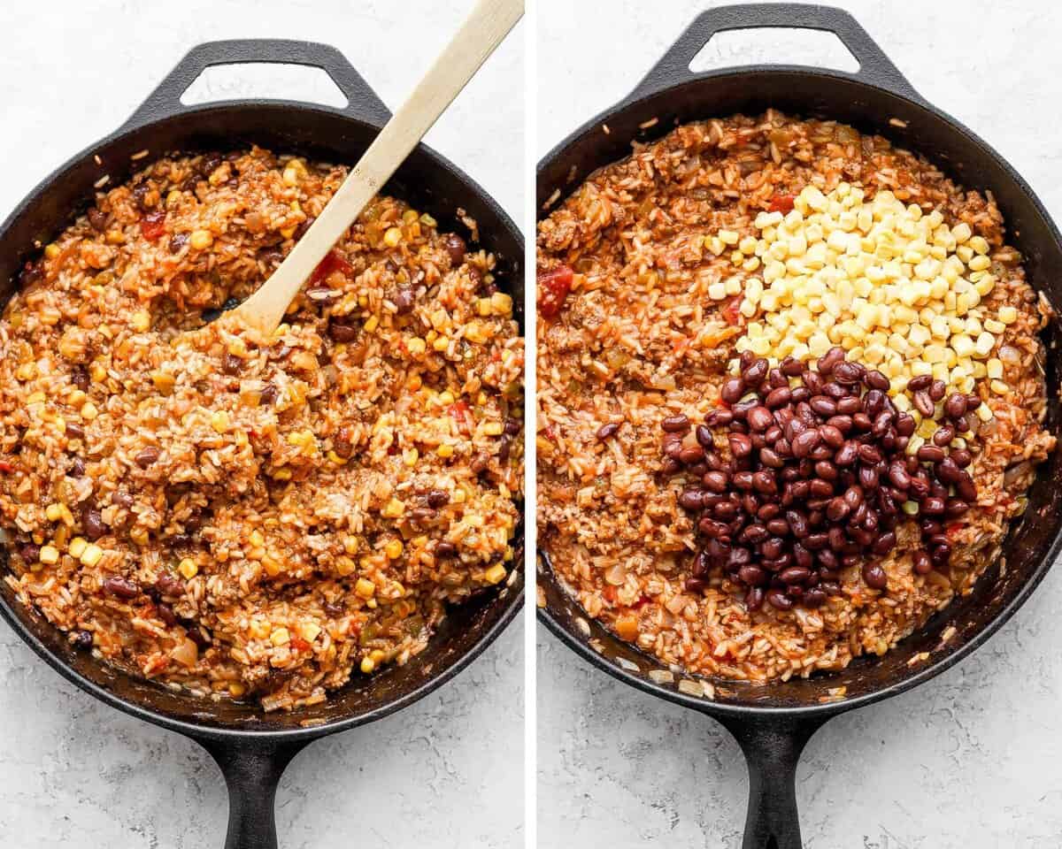 Two images showing the filling mixture before adding beans and corn and then after.