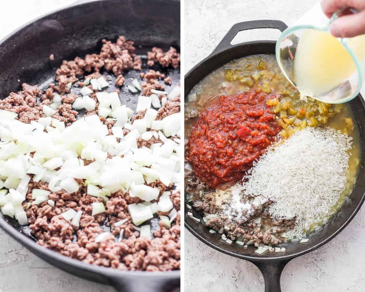 Two images showing the browned beef with onions and everything else being added for the filling (except beans, corn, and cheese).