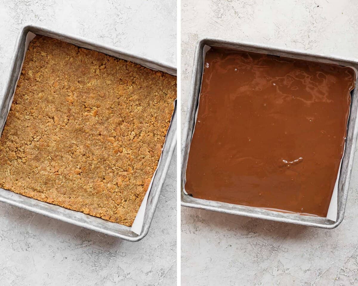 Two images showing the crust in the pan and then covered with the chocolate layer.