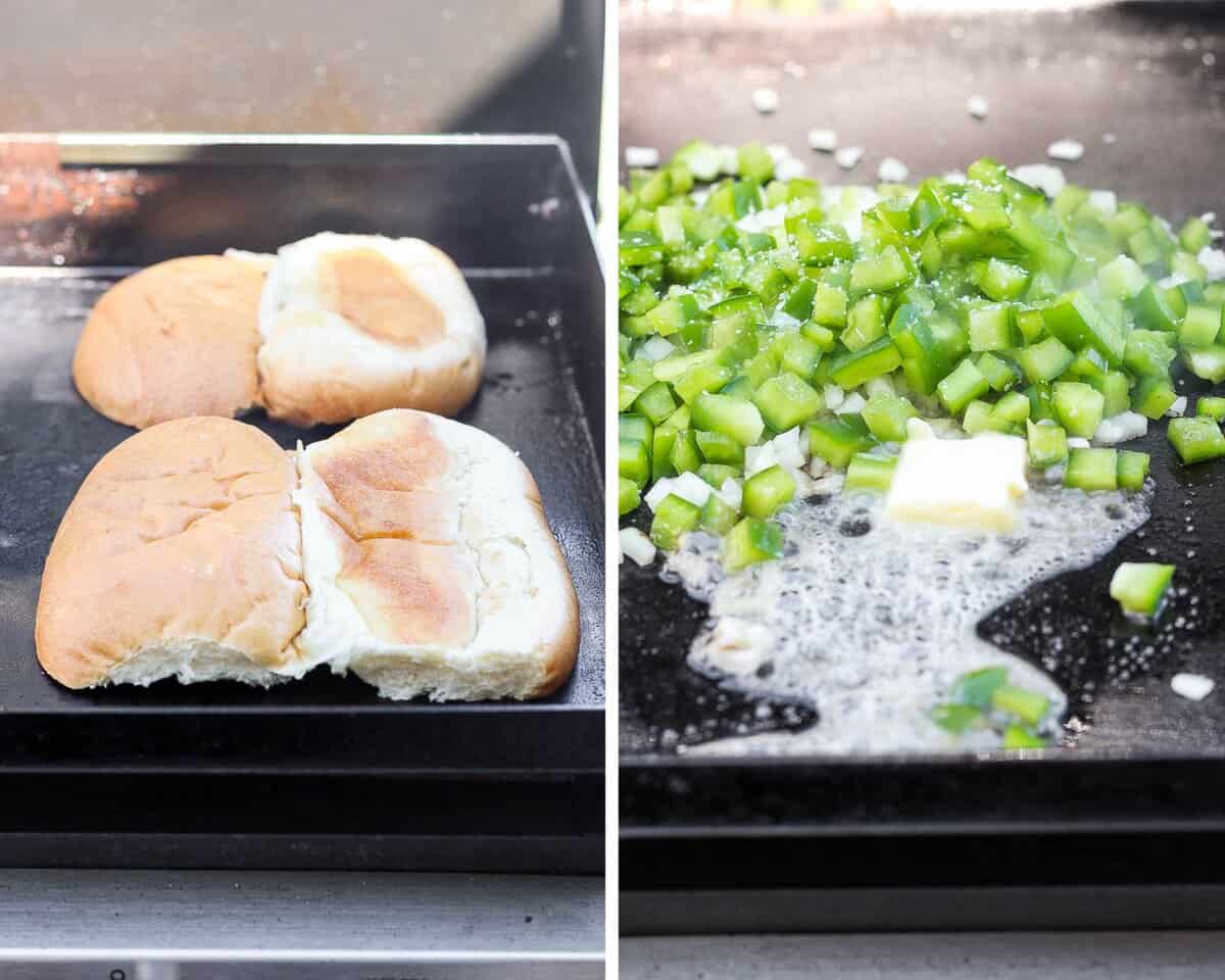 Two hoagie rolls opened up and face down on the Blackstone. Diced green pepper, diced white onion, and  butter on the blackstone cooktop.