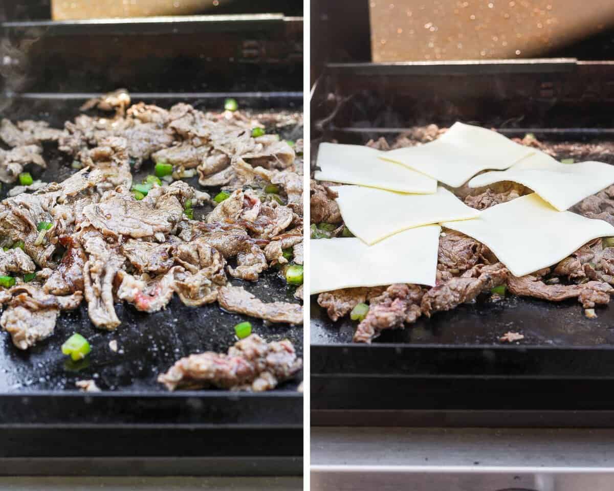 Thinly sliced stead over the top of the cooked veggies on the blackstone.  Cheese slices laid over the meat on the blackstone.