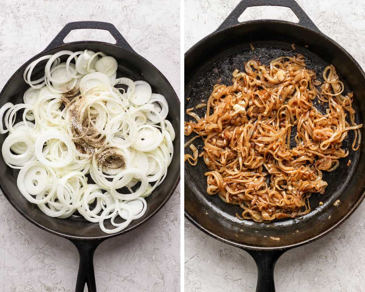 Two images showing the onions and seasoning in a skillet at the beginning of cooking and after caramelizing.
