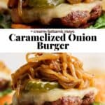 Pinterest image for caramelized onion burgers.