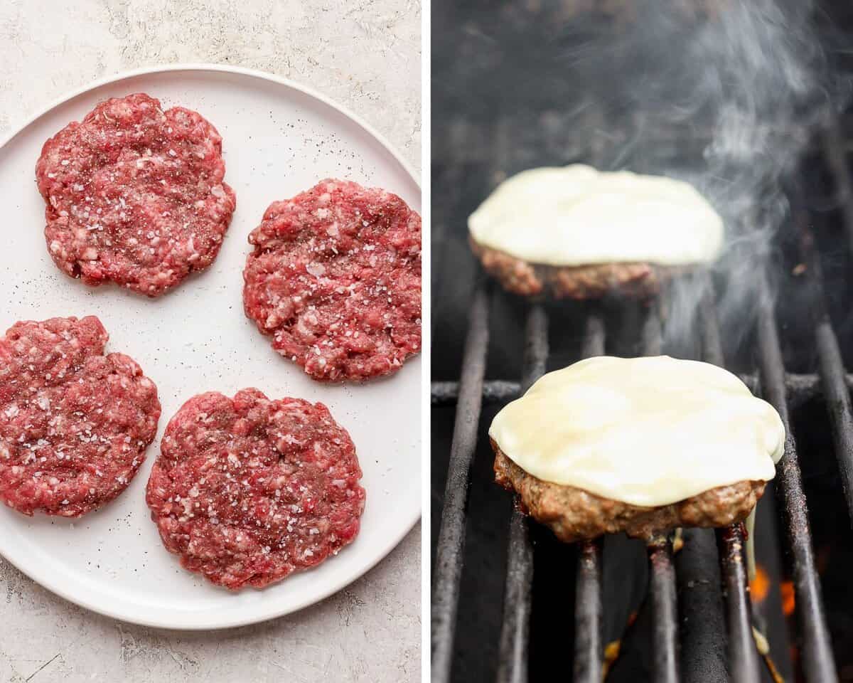 Two images showing the burger patties on a white plate and cooking on the grill with cheese.