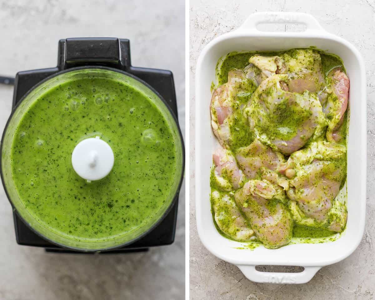 Two images showing the cilantro lime marinade in a food processor and then covering the chicken in a baking dish.