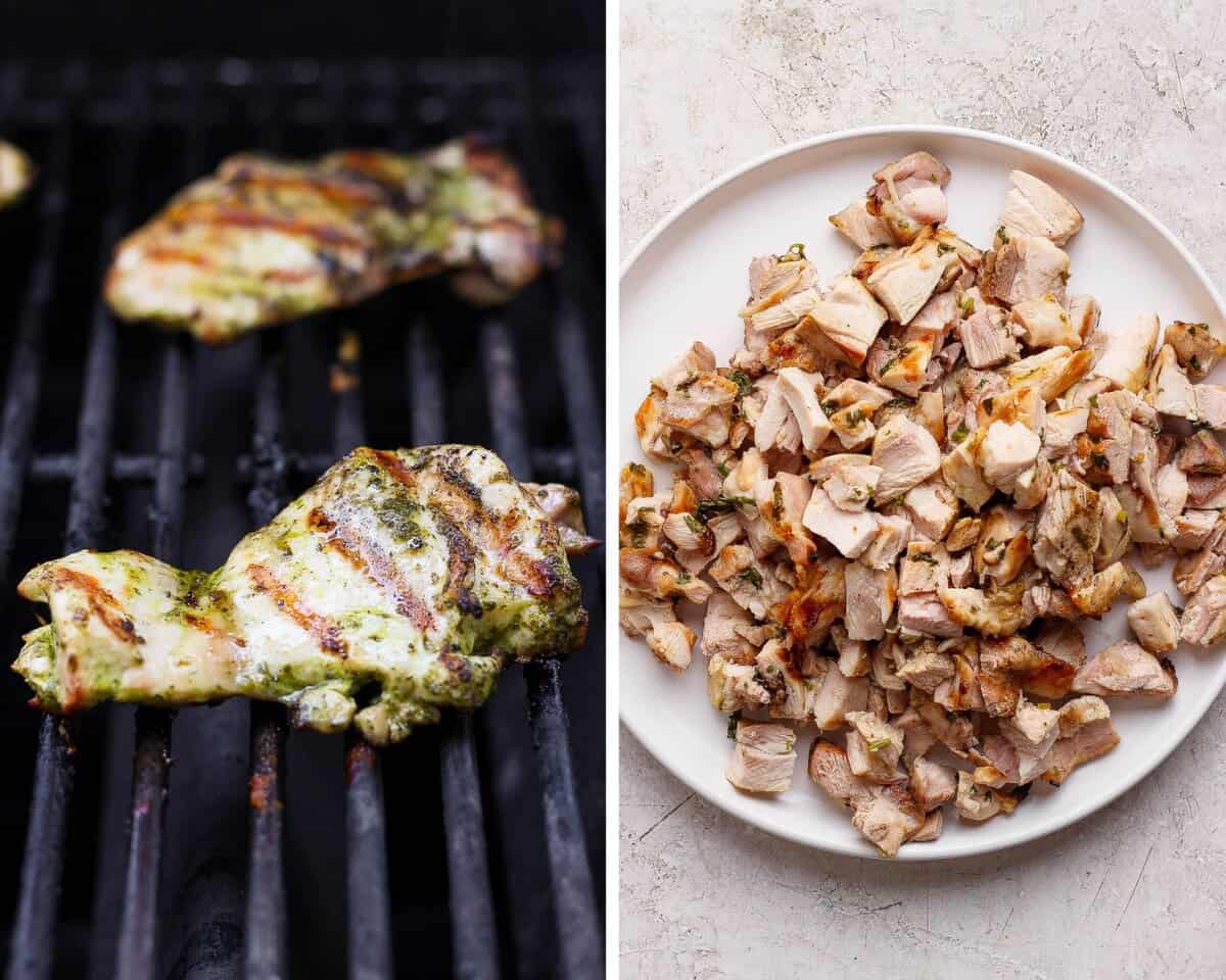 Two images showing the marinated chicken on the grill and cut into pieces.