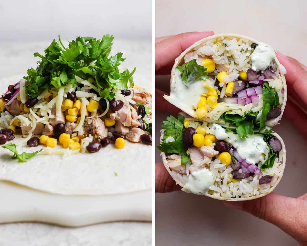 Two images showing the fillings going into the tortilla and then wrapped up and cut in half.