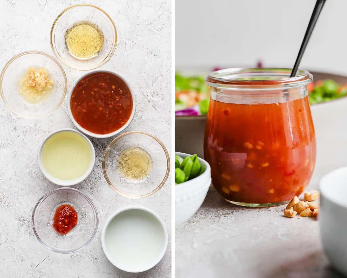 Sweet chili vinaigrette ingredients and everything mixed into a small jar.