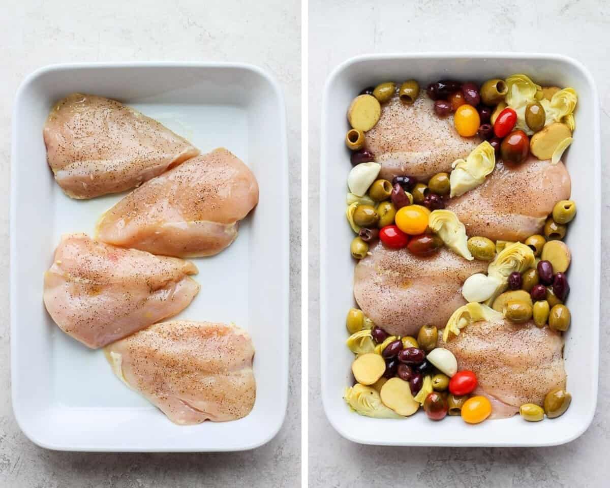 Two images showing the seasoned chicken in a white baking dish and then with the other ingredients around them.