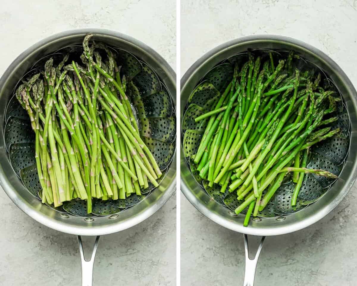 Two images showing the asparagus in a steamer basket at the start of cooking and after cooking.