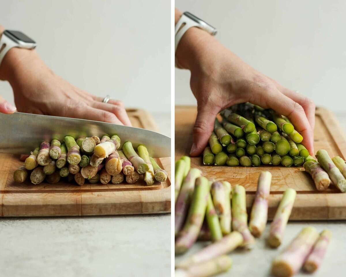 Two images showing the ends of the asparagus stalks being cut off.