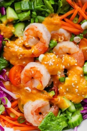 A bowl of Japanese ginger salad with shrimp in a bowl with carrot ginger dressing on top.