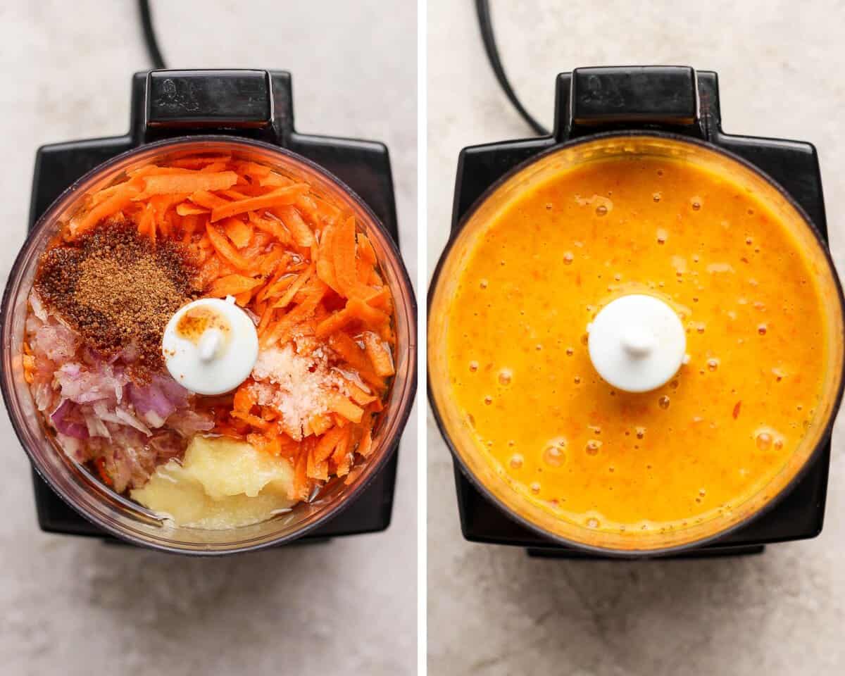 All of the carrot ginger ingredients in a small food processor blended until smooth.