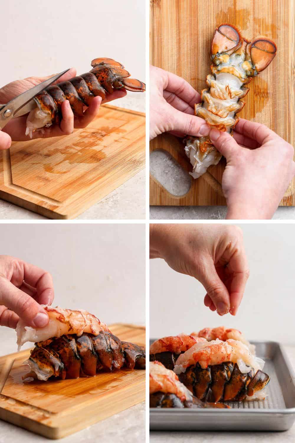 Four images showing the process of cutting, cracking, and prepping lobster tails for cooking.
