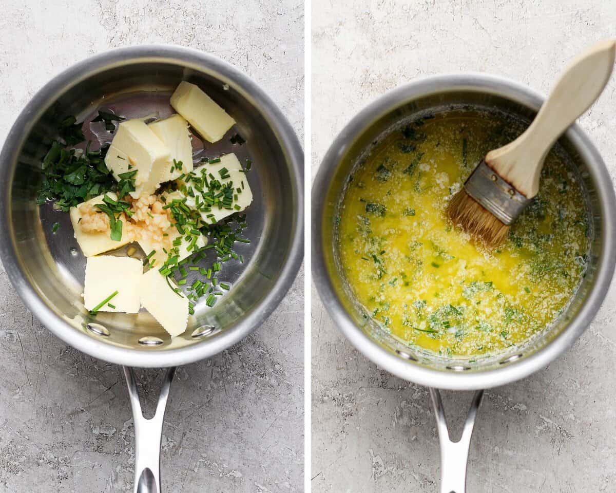 Two images showing the garlic butter mixture in a small saucepan before melting and after.