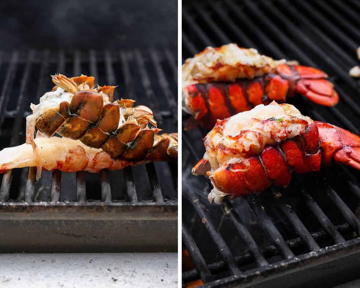 Two images showing a lobster tail on the grill with the meat side down and then after flipping.