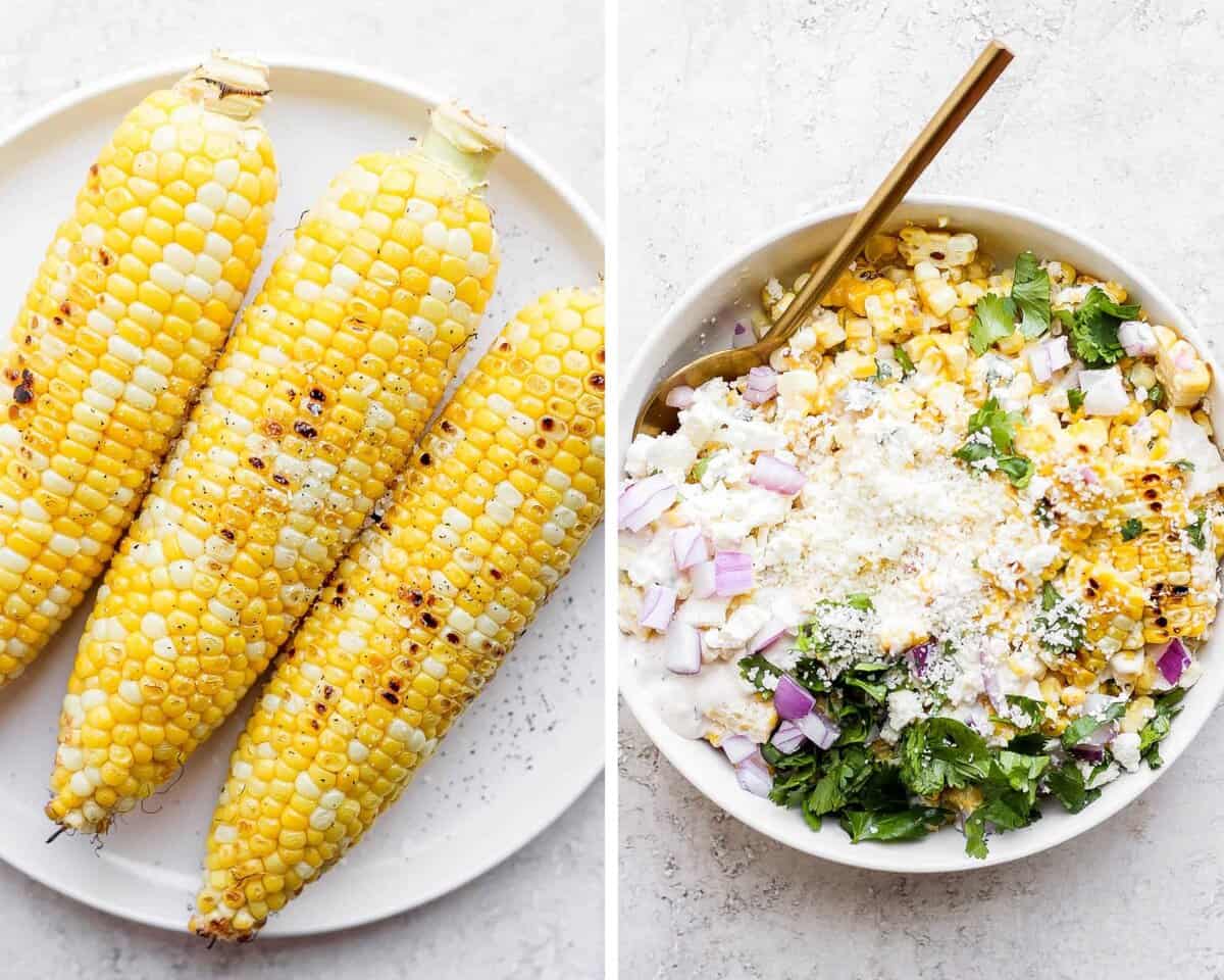 A plate of grilled corn next to a bowl of street corn.