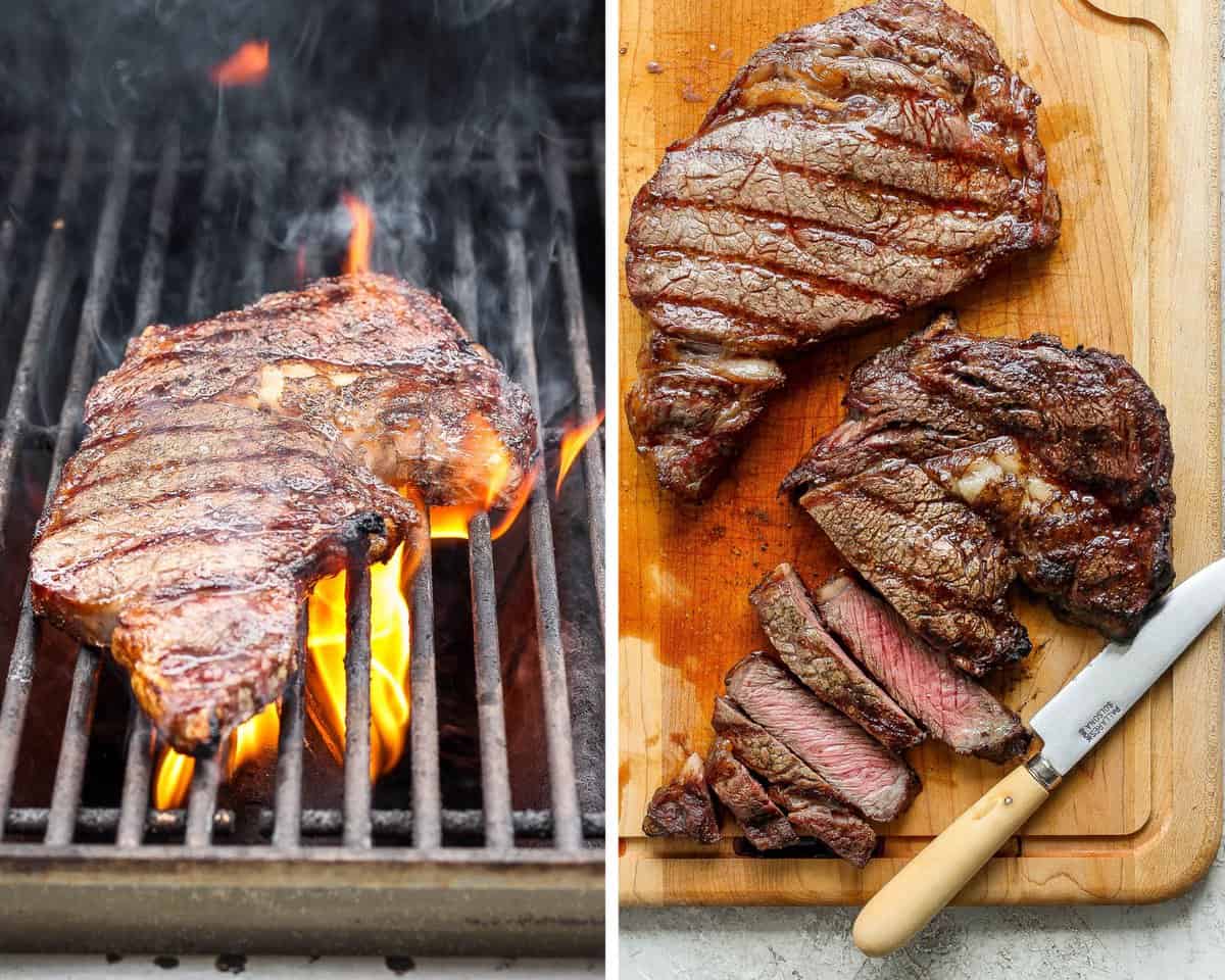 A full steak on the grill and a steak sliced on a cutting board.