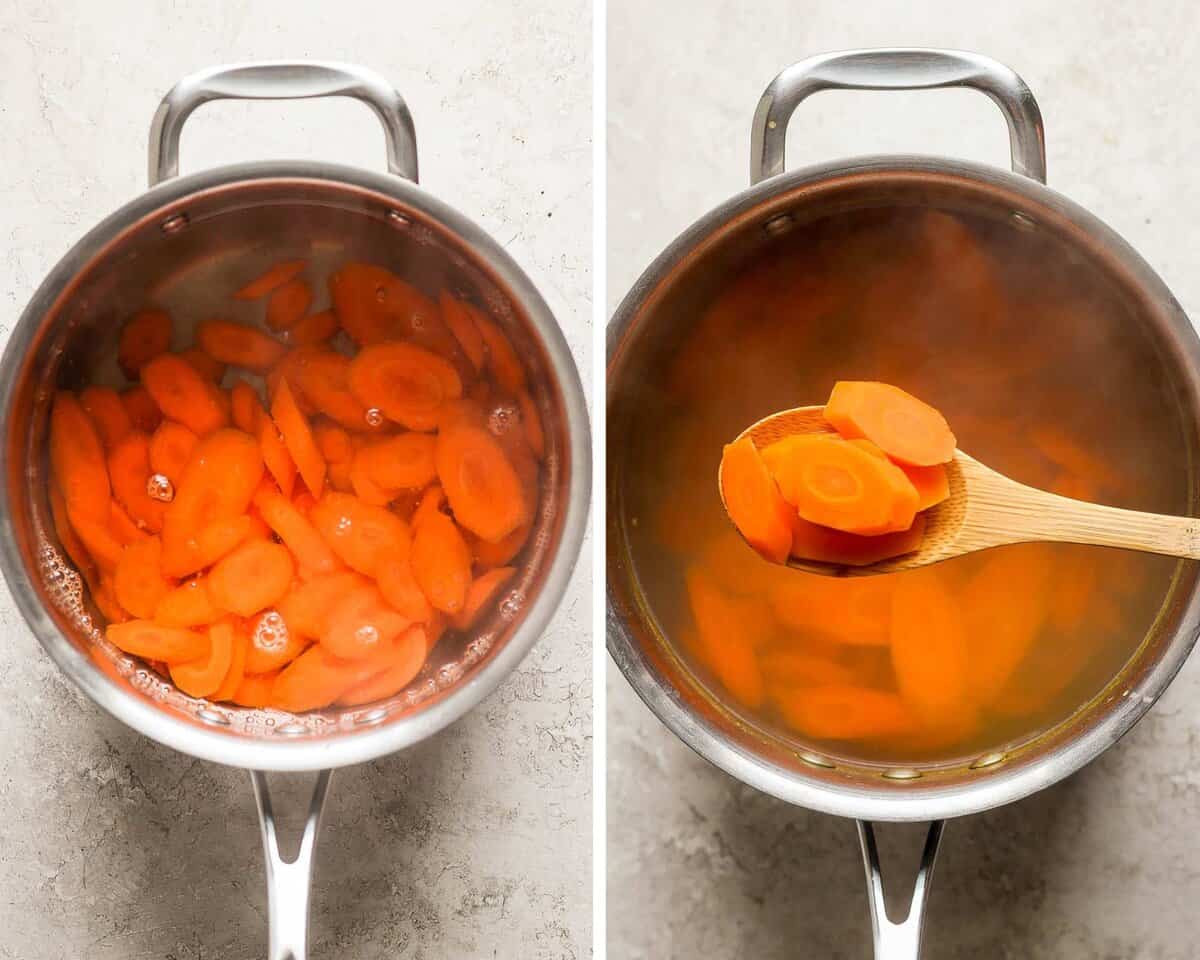 Two images showing the carrots added to the boiling water and then after cooking.
