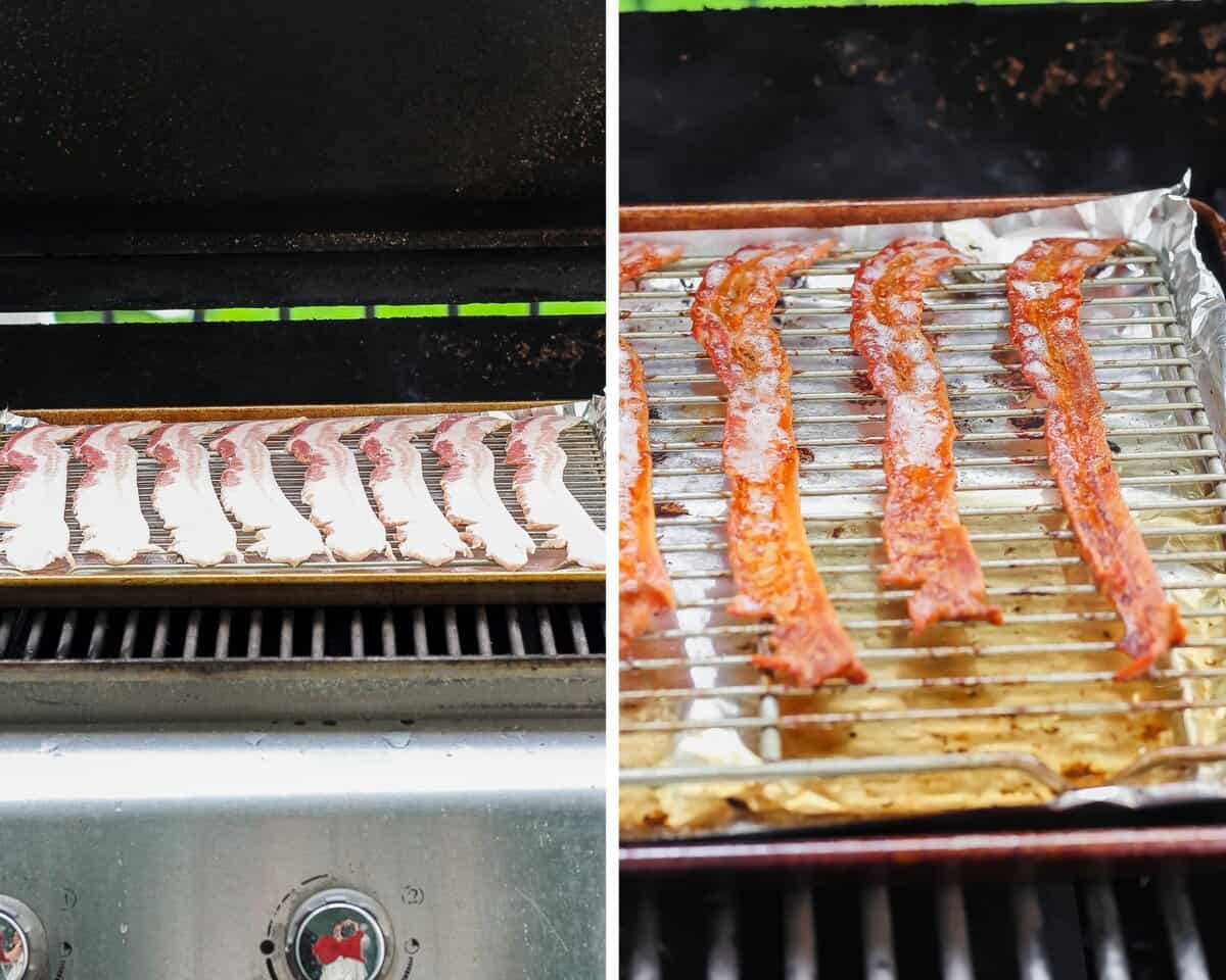 A rimmed baking sheet with bacon uncooked on the grill alongside a photo of the same baking sheet of bacon but this time it's cooked.
