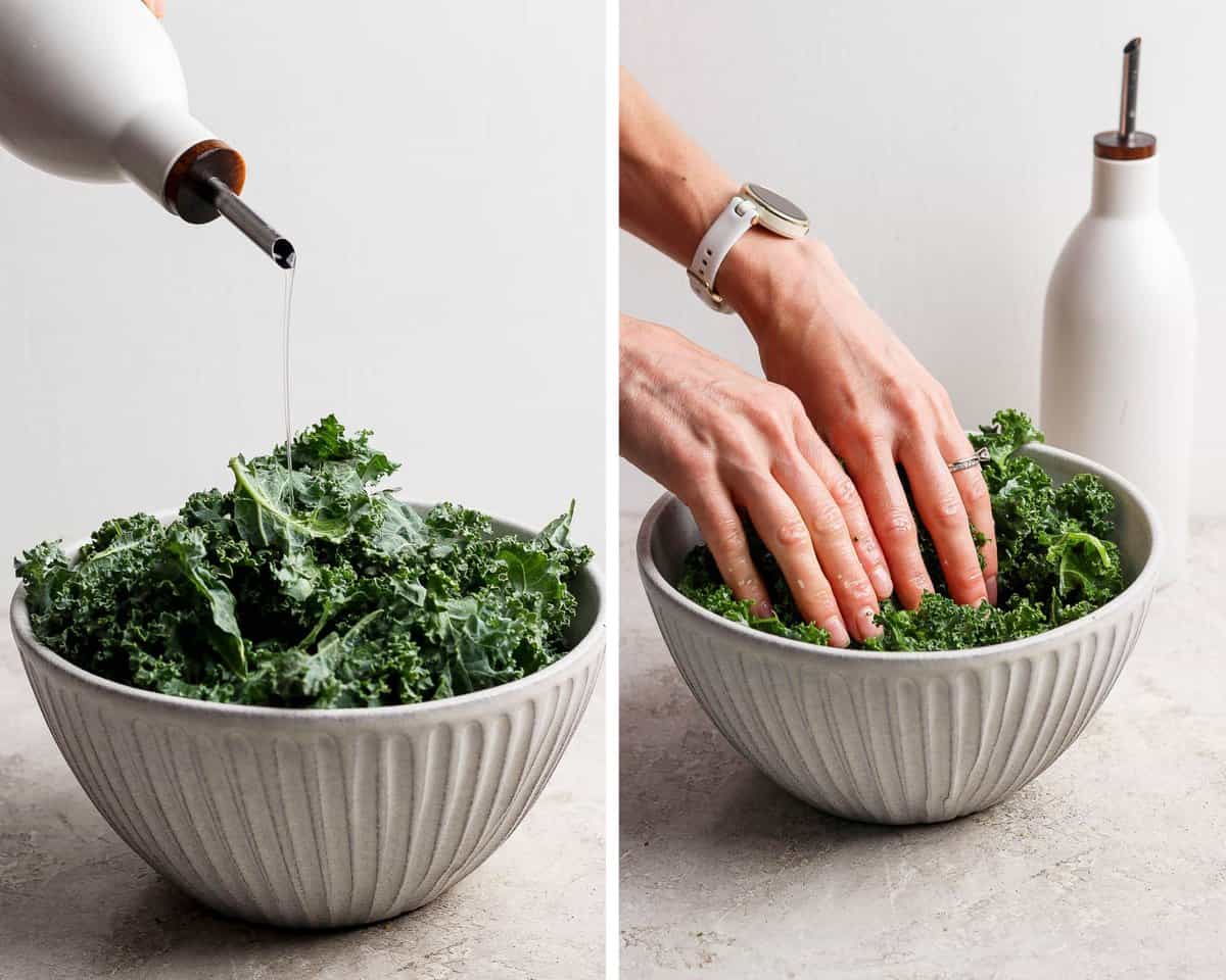 Two images showing olive oil being poured on kale in a bowl and hands rubbing it in.