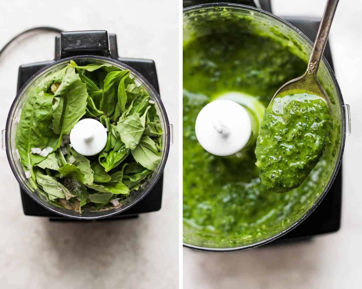 Two images showing the basil vinaigrette in a food processor before blending and after.