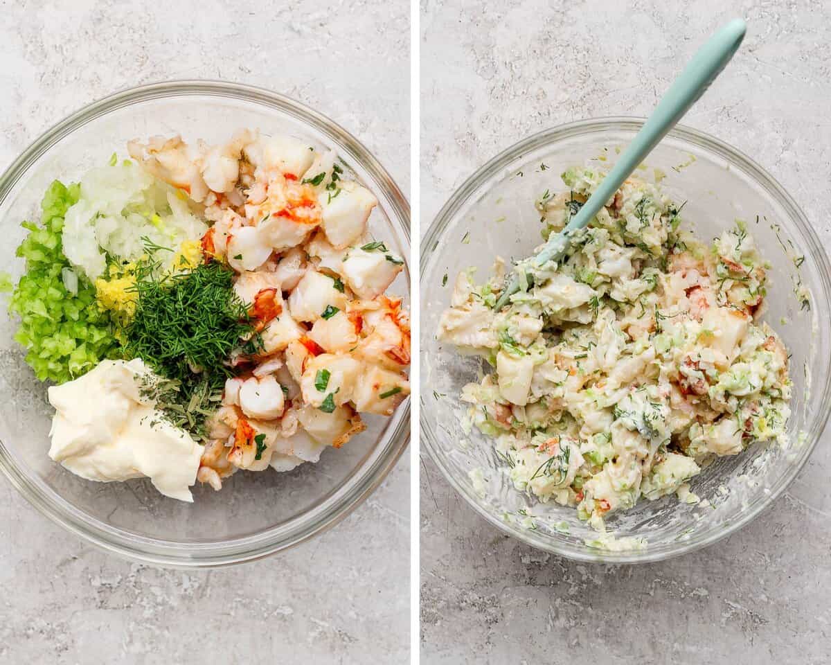 Two images showing the lobster salad in a glass bowl before mixing and after.