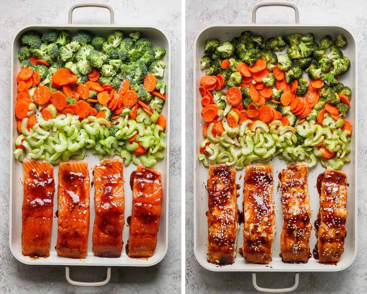 A sheet pan with raw and chopped broccoli, carrots, and celery with filets of salmon topped with teriyaki sauce. That same sheet pan but baked.