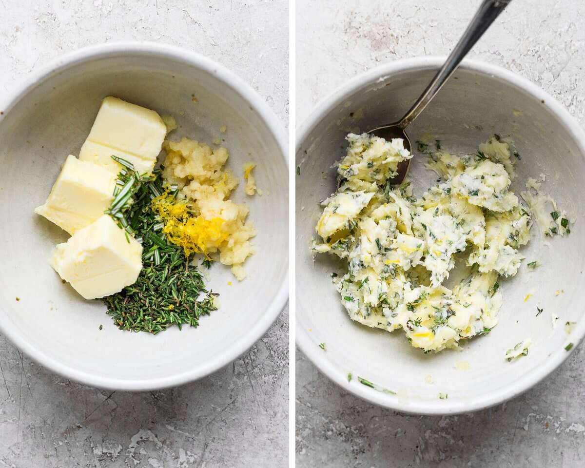 Two images showing the garlic butter separate and mixed in a white bowl.