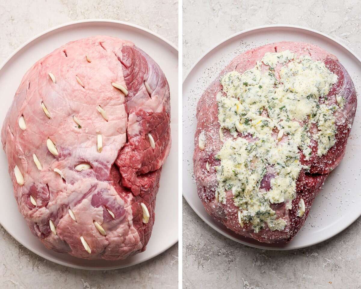 Two images showing the garlic inserted into the lamb and then covered with the garlic butter mixture.