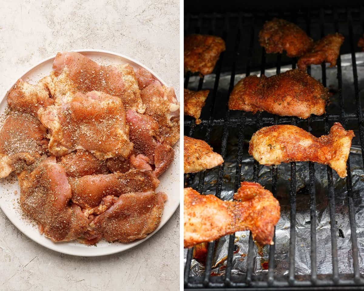 Two images showing the seasoned chicken thighs on a white plate and on the smoker.