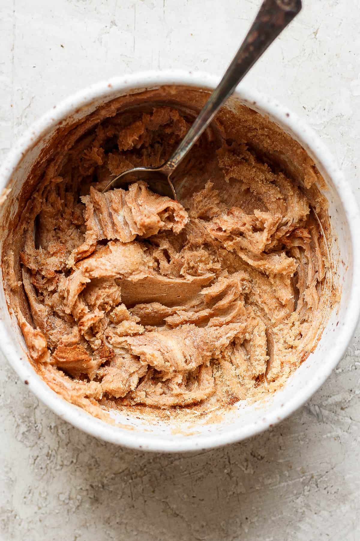 A bowl of the cinnamon sugar butter spread.