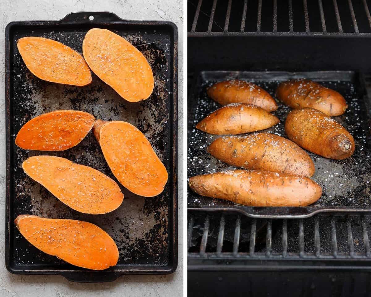 Three sweet potatoes halved, and laying cut side up on a baking sheet. Those same sweet potatoes laying cut side down on a baking sheet in the smoker.