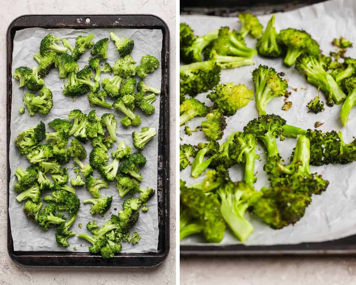 Two images showing the broccoli on a sheet pan before baking and after.