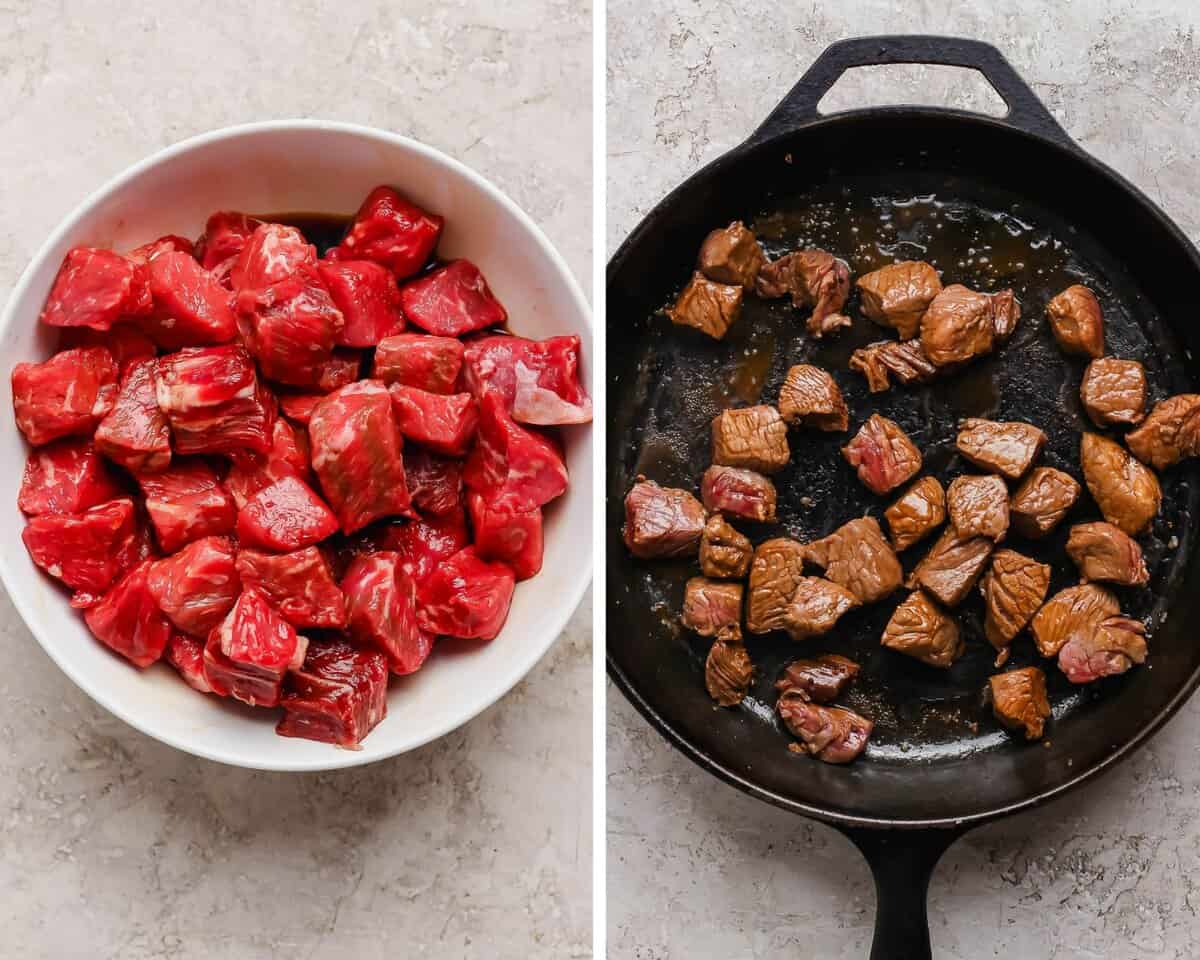Two images showing the steak bites marinating in a white bowl and searing in a skillet.
