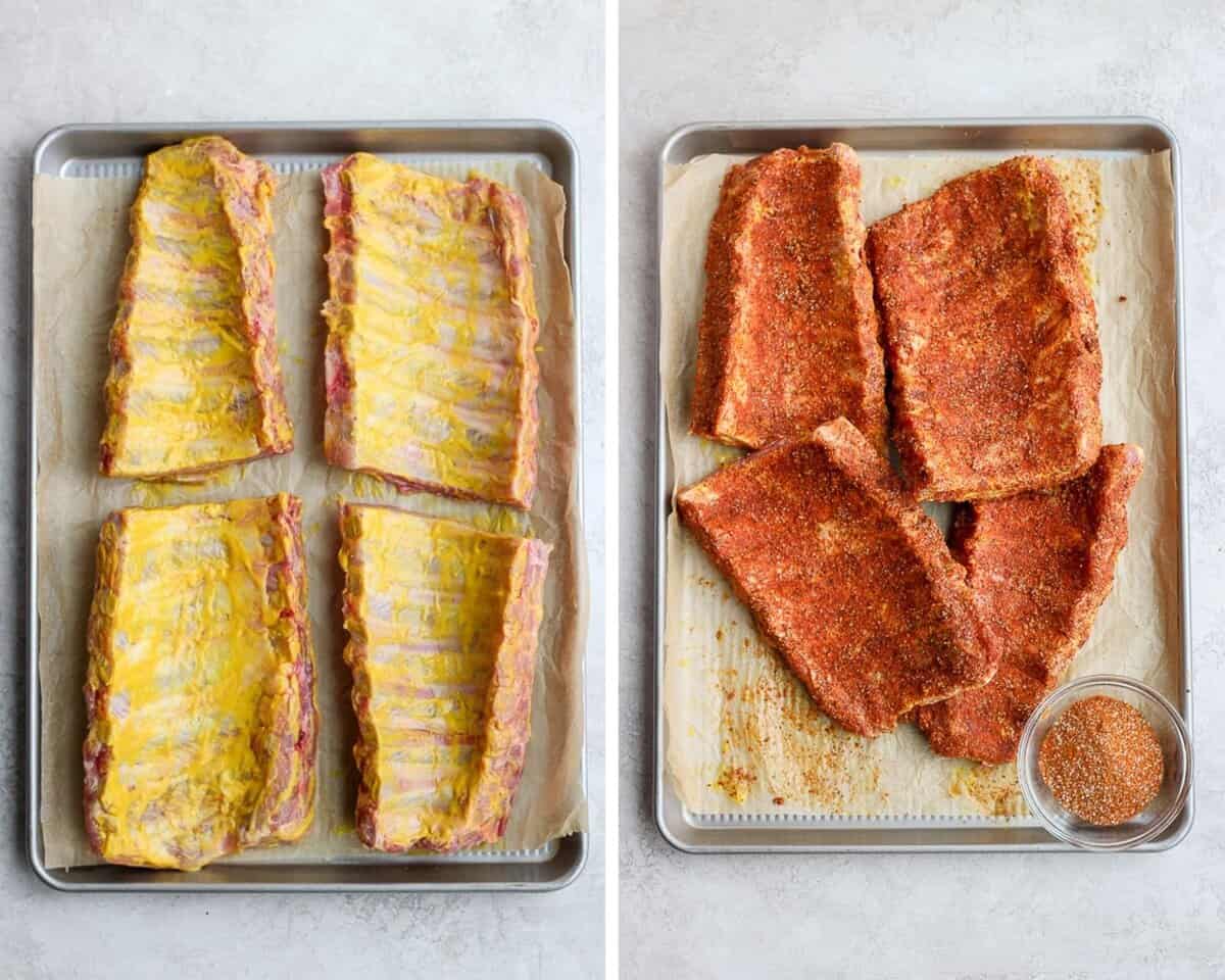 Instant Pot Rib Recipe (Whole30 + Paleo) - the EASIEST way to make ribs EVER! Fall off the bone ribs ready in a fraction of the time! #instantpotribrecipe #instantpotribs #whole30ribs #paleoribs #instantpotrecipes #ribrecipes Ribs covered in mustard and liquid smoke and then covered in a layer og dry rub.