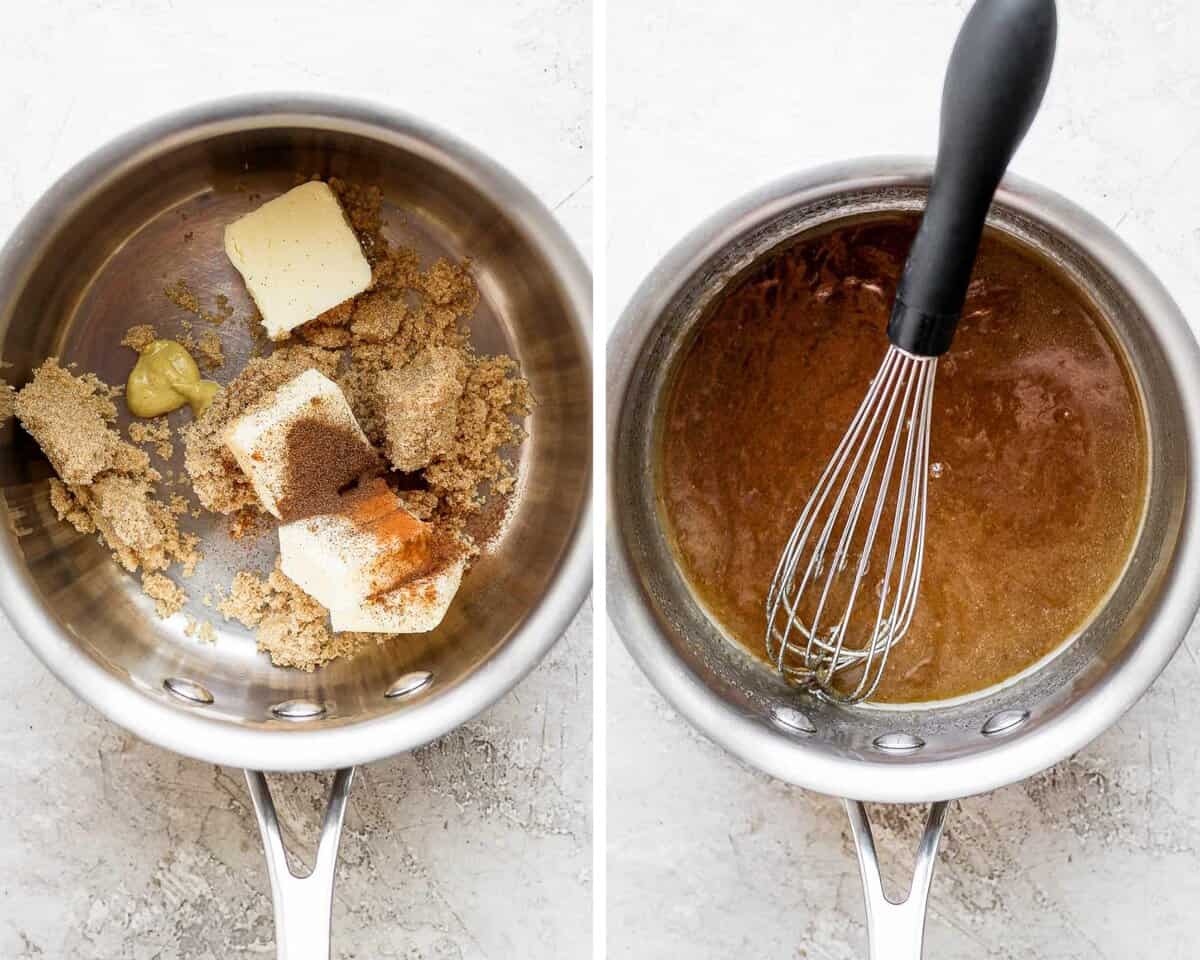 Two images showing the glaze in a saucepan before warming and after.