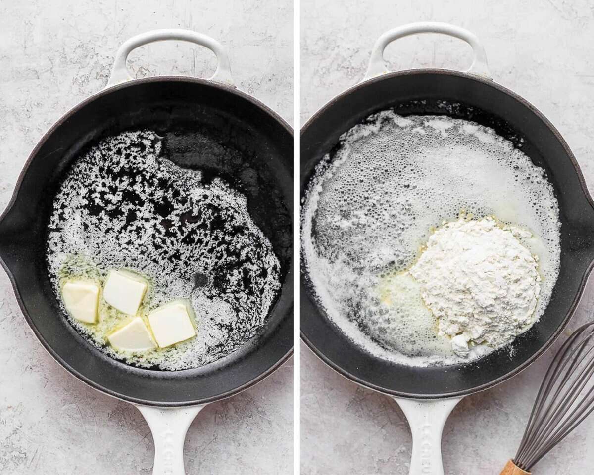 Two images showing the melted butter in a skillet and the flour added to it.