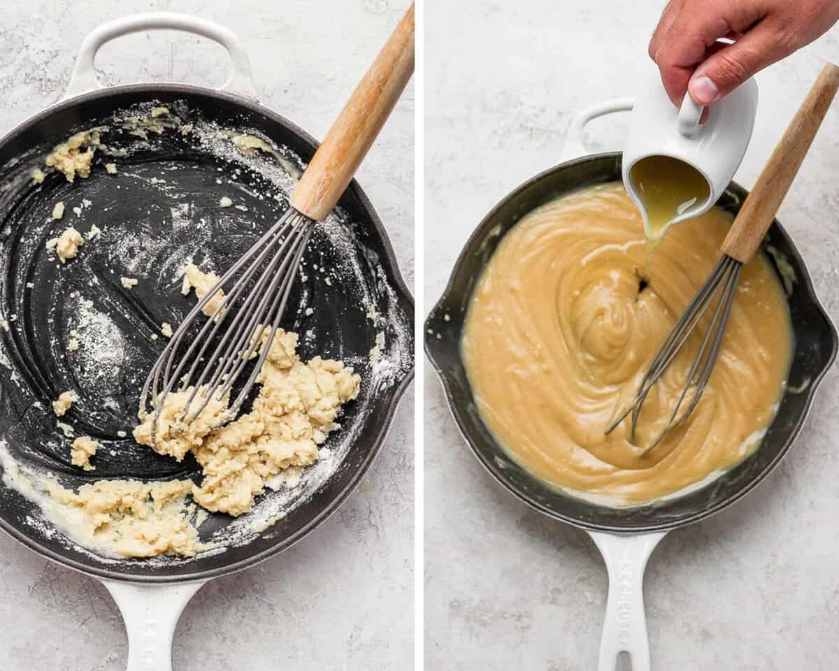 Two images showing the flour and butter whisked together and the broth being added.