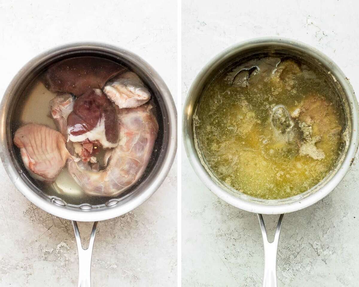 Two images showing the giblets in water before cooking and after.