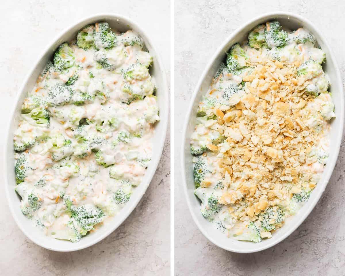 Side by side image of broccoli casserole in a baking dish and then topped with crushed ritz crackers