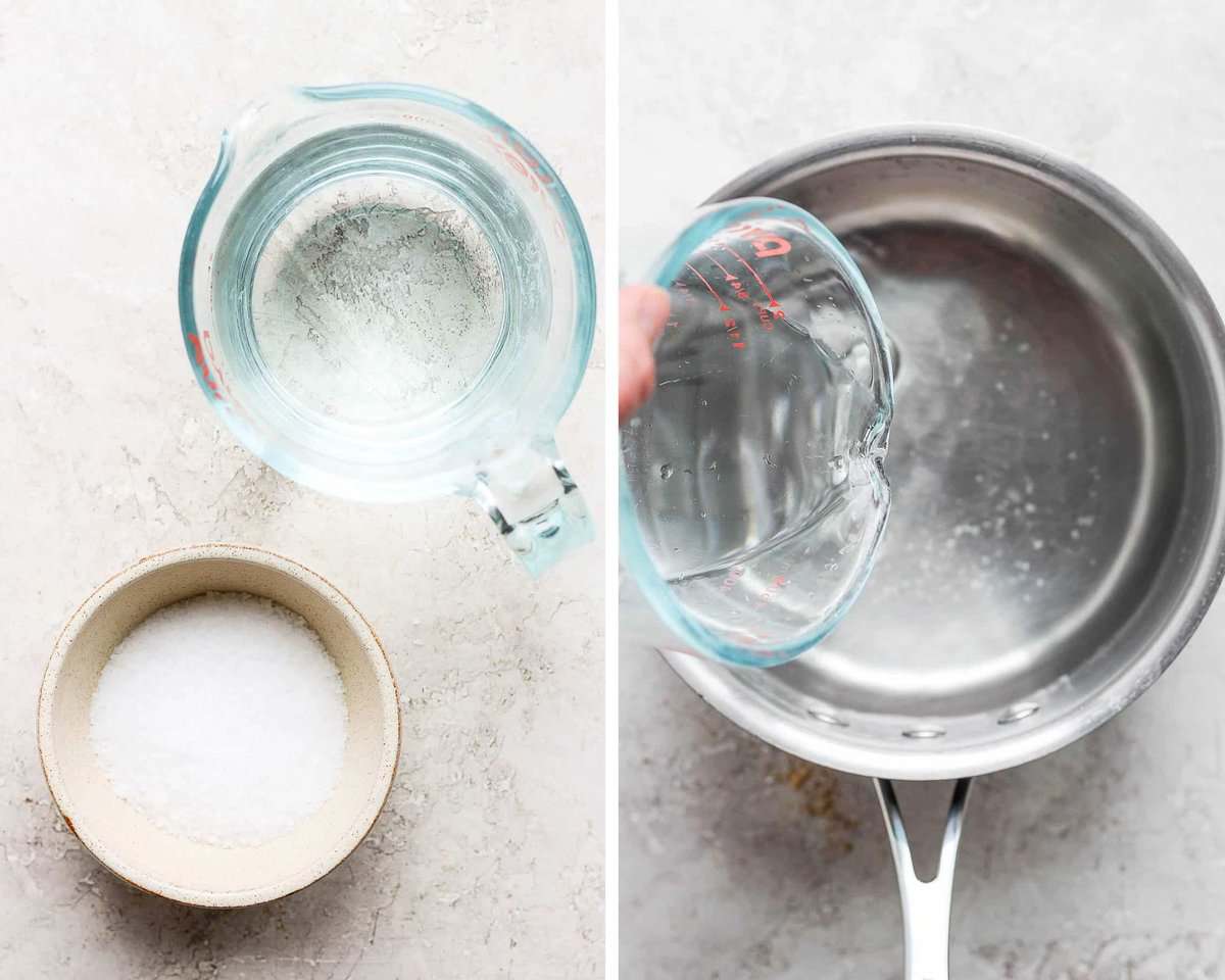 Two images showing the salt and water separately and being mixed in a saucepan.