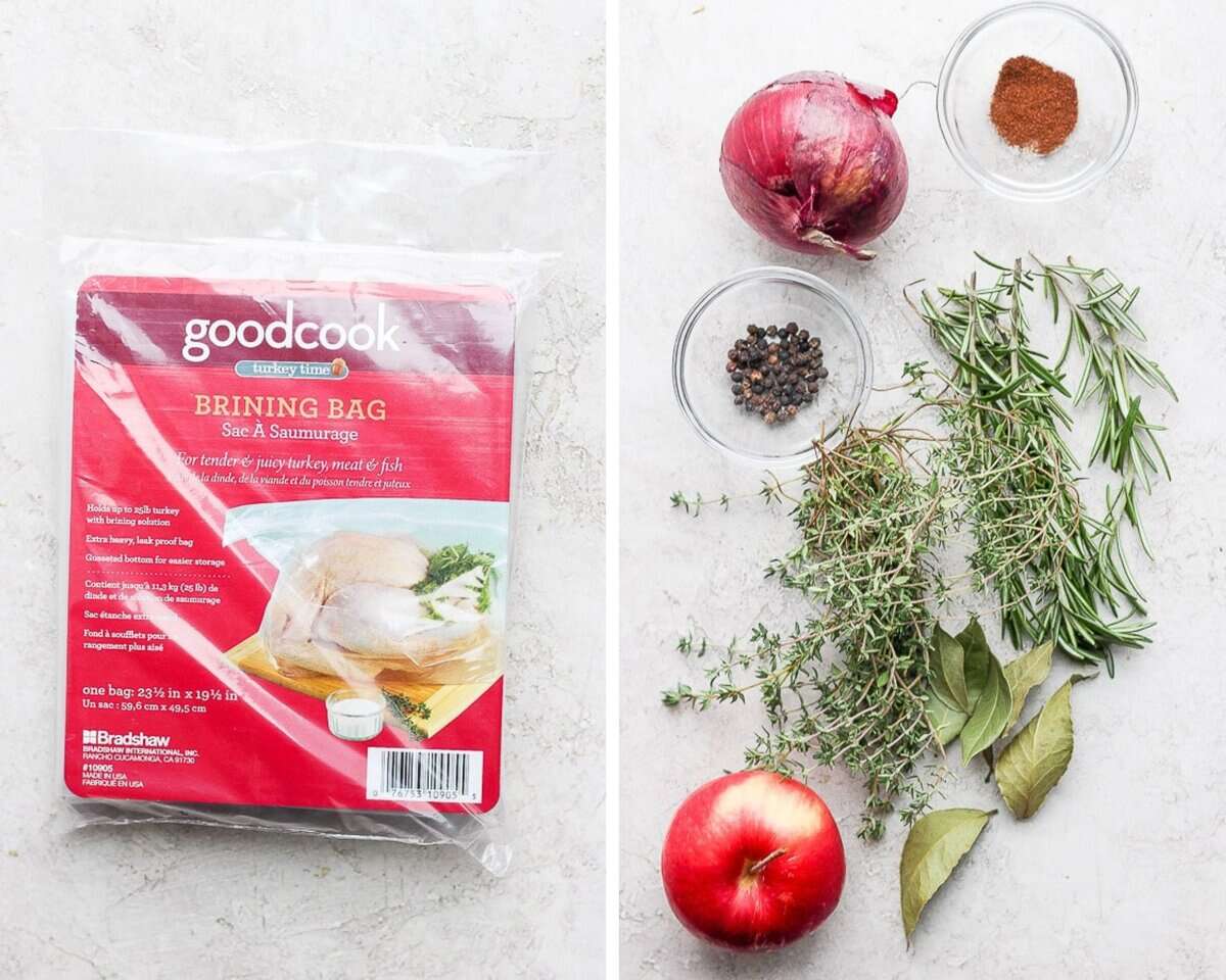 Two images showing a brining bag and the other ingredients for the brine.