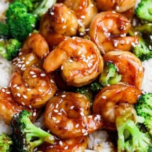 A plate of rice covered with teriyaki shrimp and broccoli.