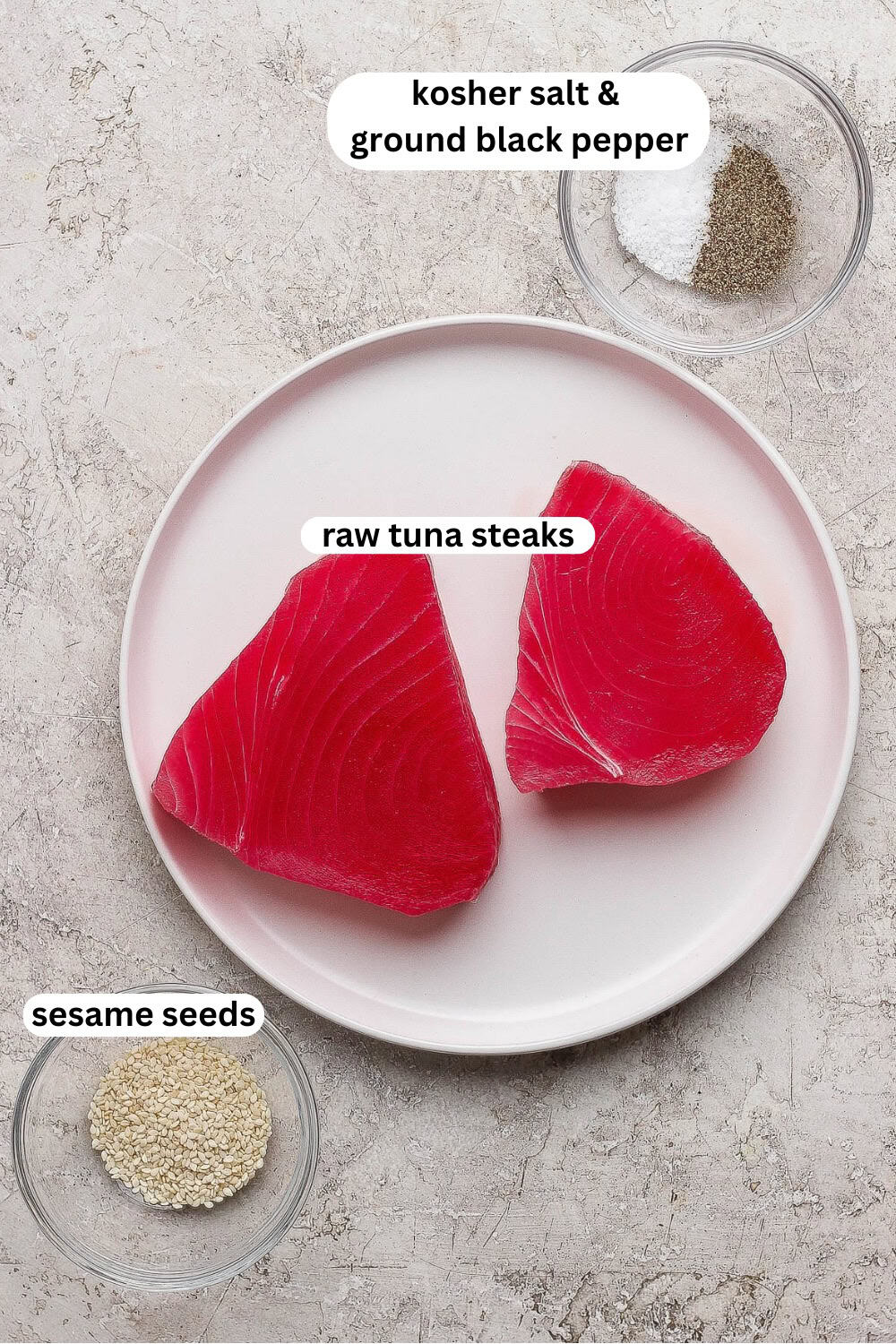 Ingredients for ahi tuna in separate bowls and a plate.