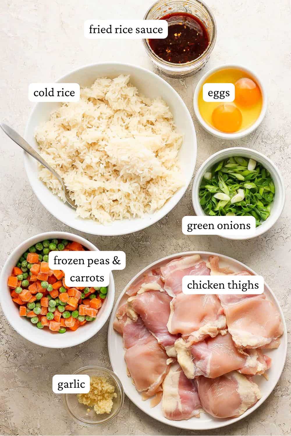 Ingredients for blackstone fried rice in separate bowls.